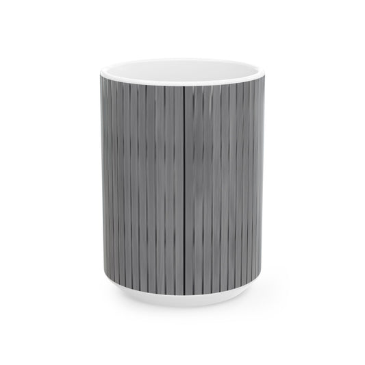 Gray ceramic mug with vertical stripe design, modern minimalist style, available in 11oz and 15oz sizes.