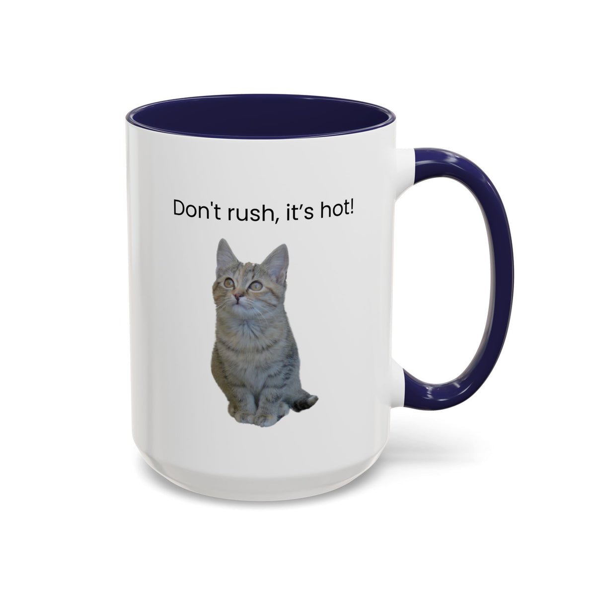 Ceramic cat coffee mug with "Don't rush, it's hot!" quote, 11 oz capacity, featuring a cute cat design.