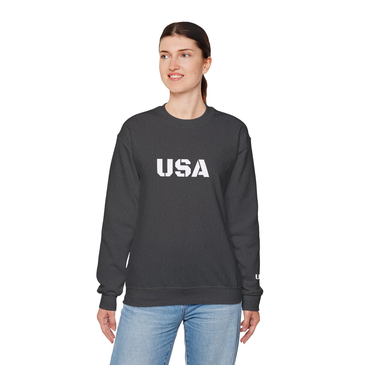 Printify USA crewneck sweatshirt featuring patriotic design, cozy fit, perfect for all seasons and casual wear.
