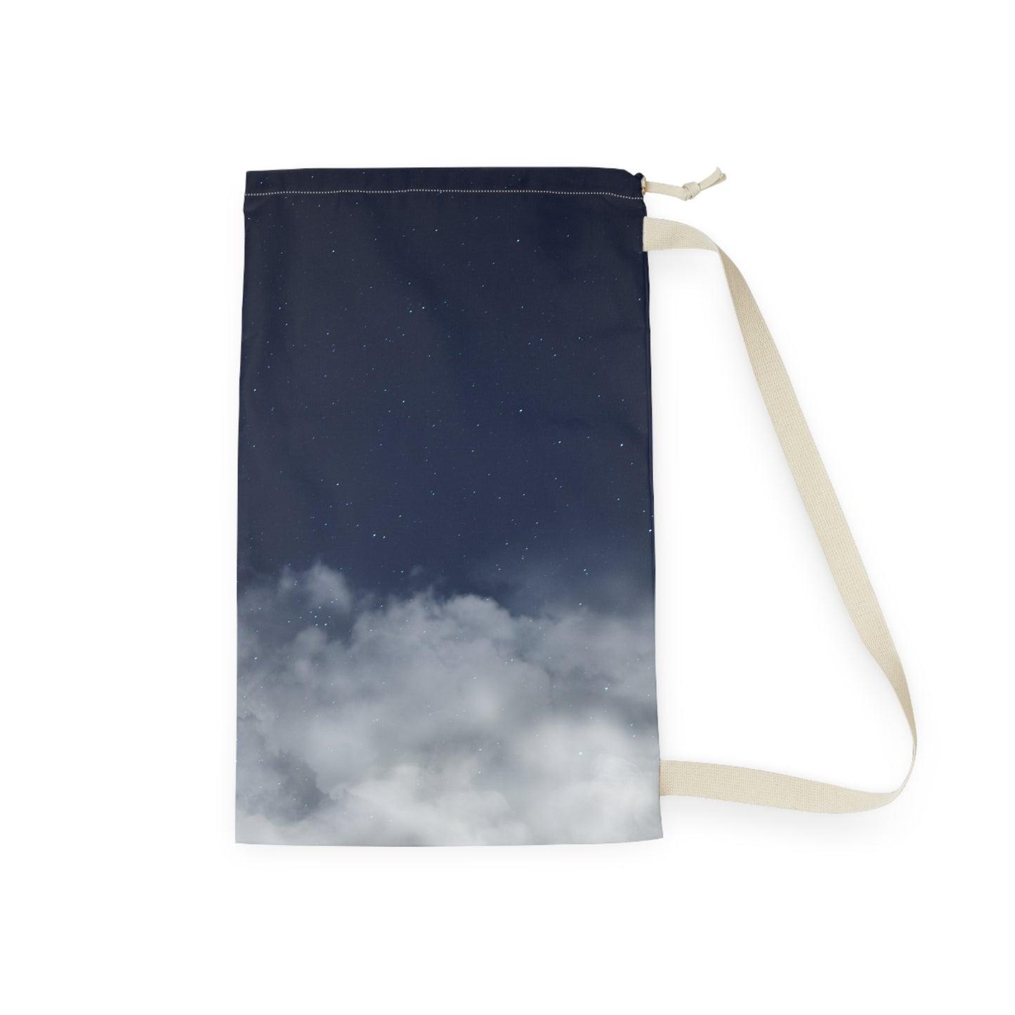 Canvas laundry bag with night sky clouds print, drawstring closure, durable tote for laundry and storage by Printify.