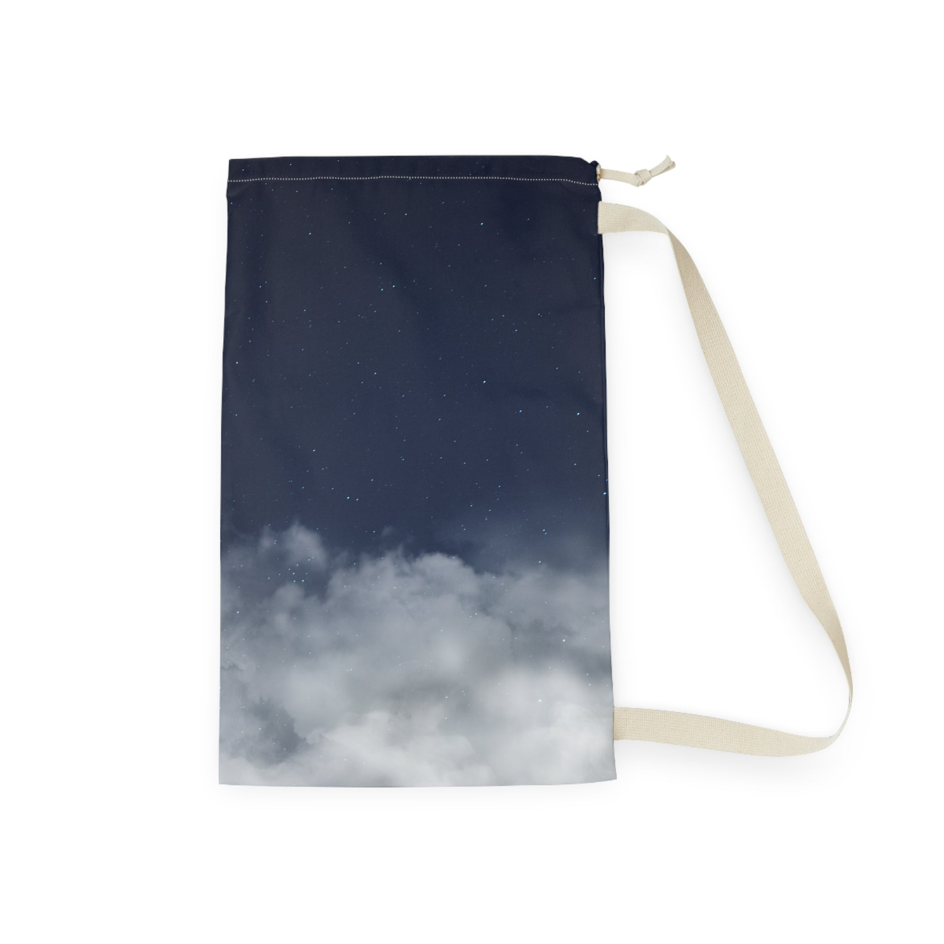 Canvas laundry bag with night sky clouds print, drawstring closure, durable tote for laundry and storage by Printify.
