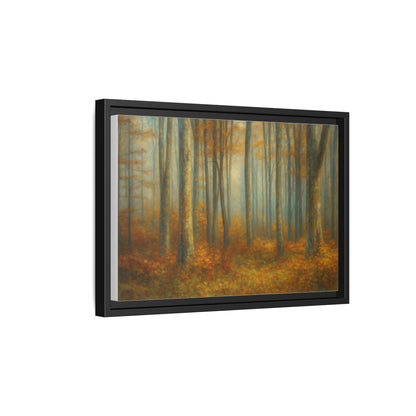 Framed autumn forest canvas print featuring misty woodland scene, wall art from Printify with natural forest colors and detailed imagery.