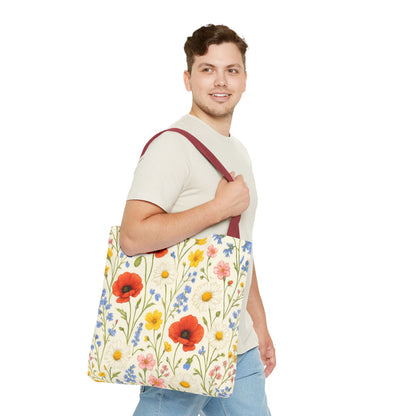 Wildflower Poppy print tote bag with a floral all-over pattern, crafted by Printify, featuring vibrant poppy flower designs.
