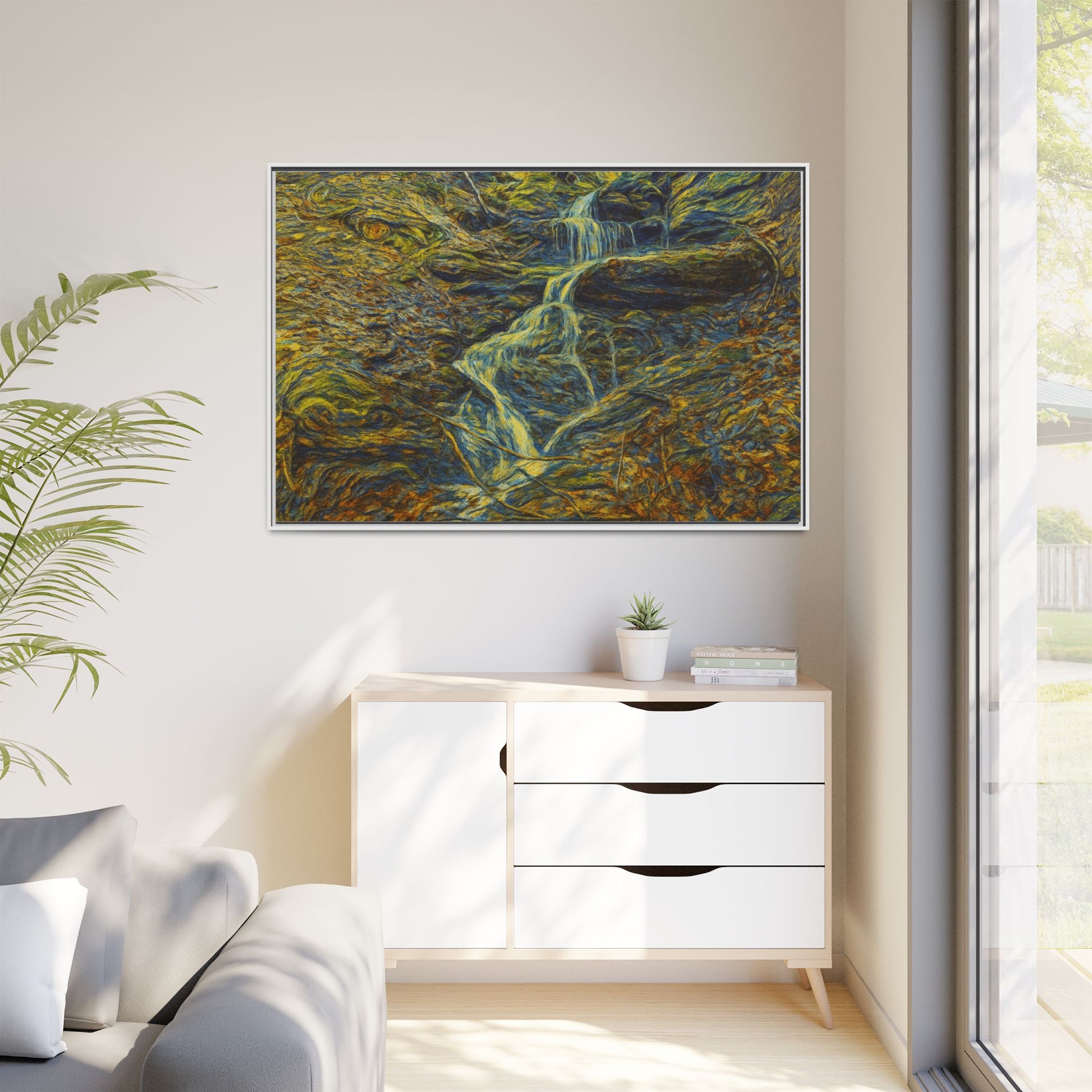 Framed matte canvas wall art featuring a serene autumn forest waterfall scene by Printify
