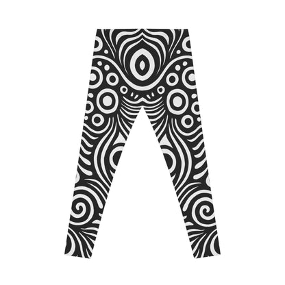 Black and white swirl pattern leggings with retro psychedelic print, featuring all-over print design from Printify.