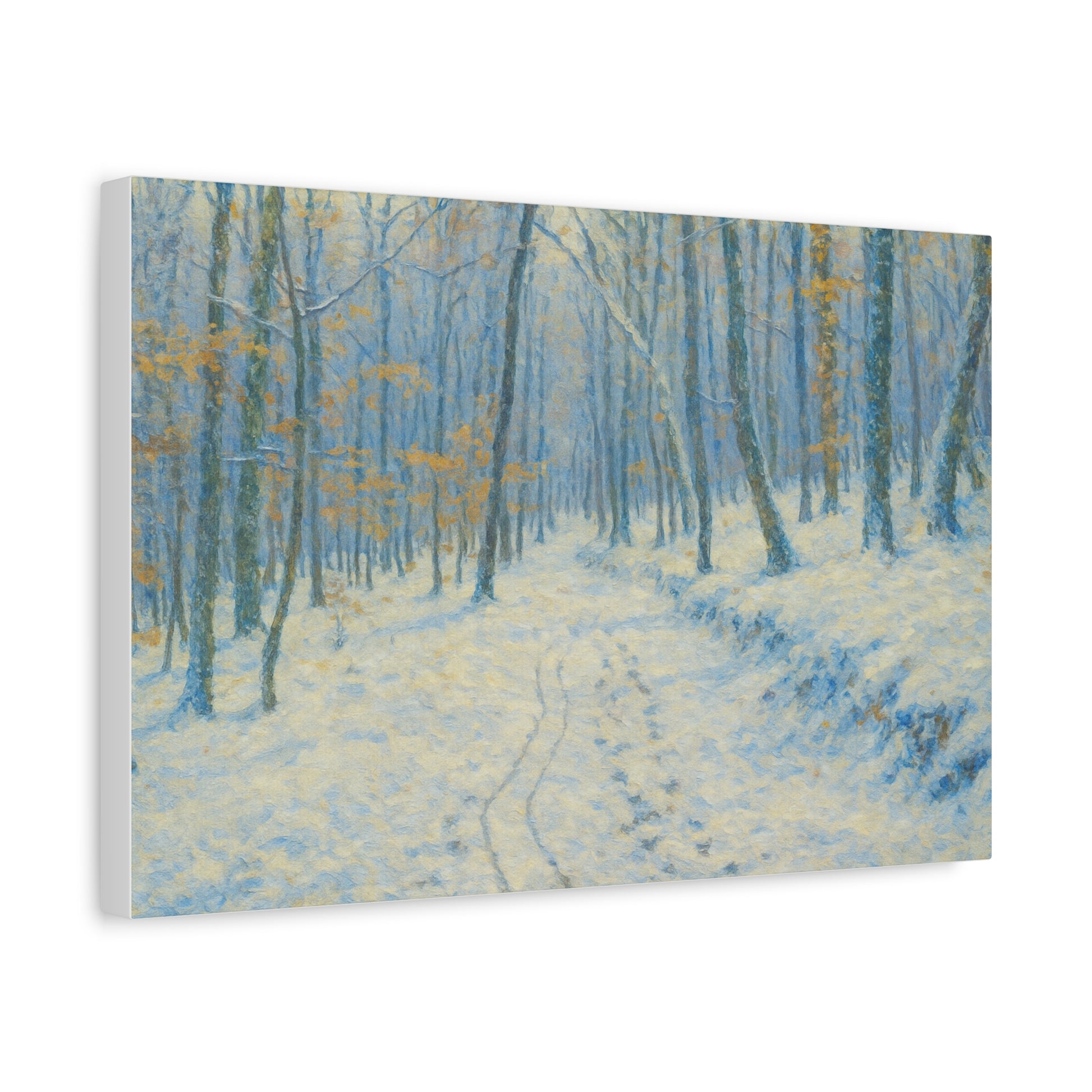 Winter woodland canvas print by Printify featuring a snowy forest scene on matte stretched wall art.
