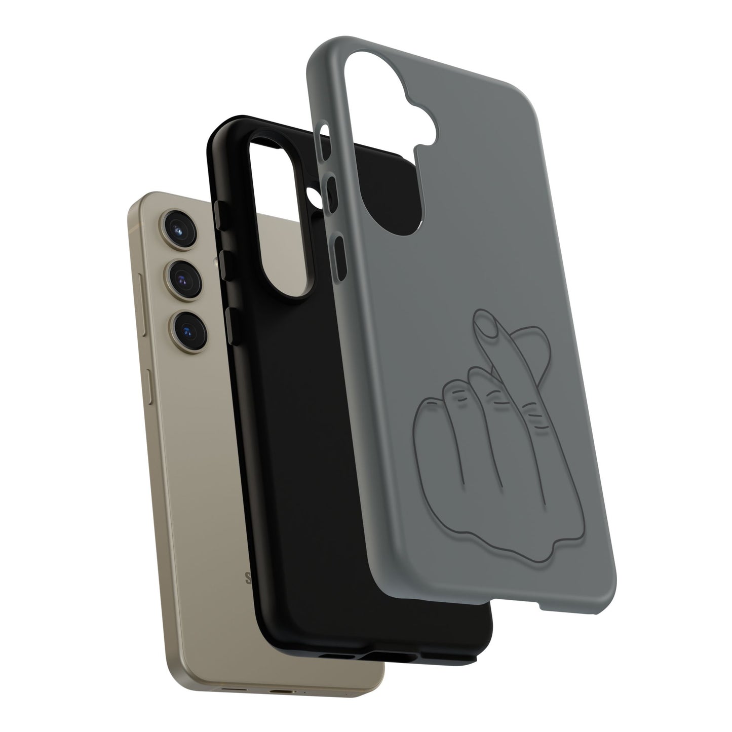 Silicone phone case with embossed Korean finger heart design, compatible with smartphones, by Printify.