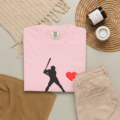 Printify baseball batter heart T-shirt featuring a graphic of a batter with a heart, casual unisex cotton sports T-shirt.