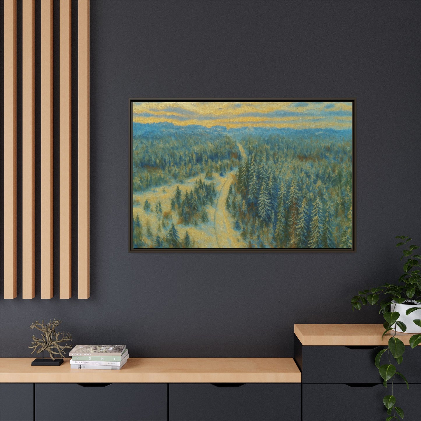 Framed matte canvas print of a serene winter forest landscape, showcasing snowy trees and peaceful winter scenery.