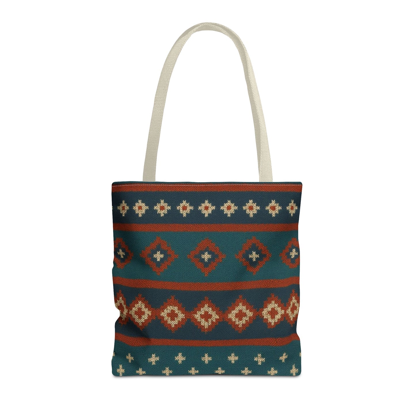 Southwestern diamond pattern tote bag with aztec tribal geometric print, featuring sturdy handles and vibrant tribal-inspired design.