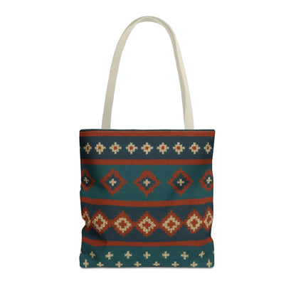Southwestern diamond pattern tote bag with aztec tribal geometric print, featuring sturdy handles and vibrant tribal-inspired design.