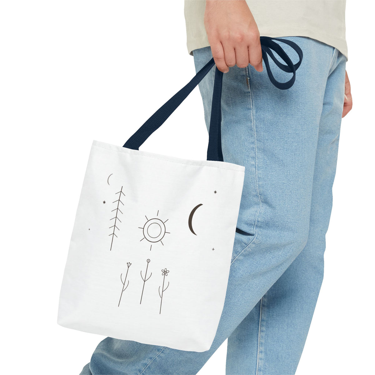 Minimal moon and sun botanical tote bag with celestial line art design, made by Printify, featuring natural plant-inspired illustrations.