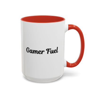 Printify Gamer Fuel coffee mug with a black accent, 11oz or 15oz size, featuring a bold gaming-themed design on ceramic material.