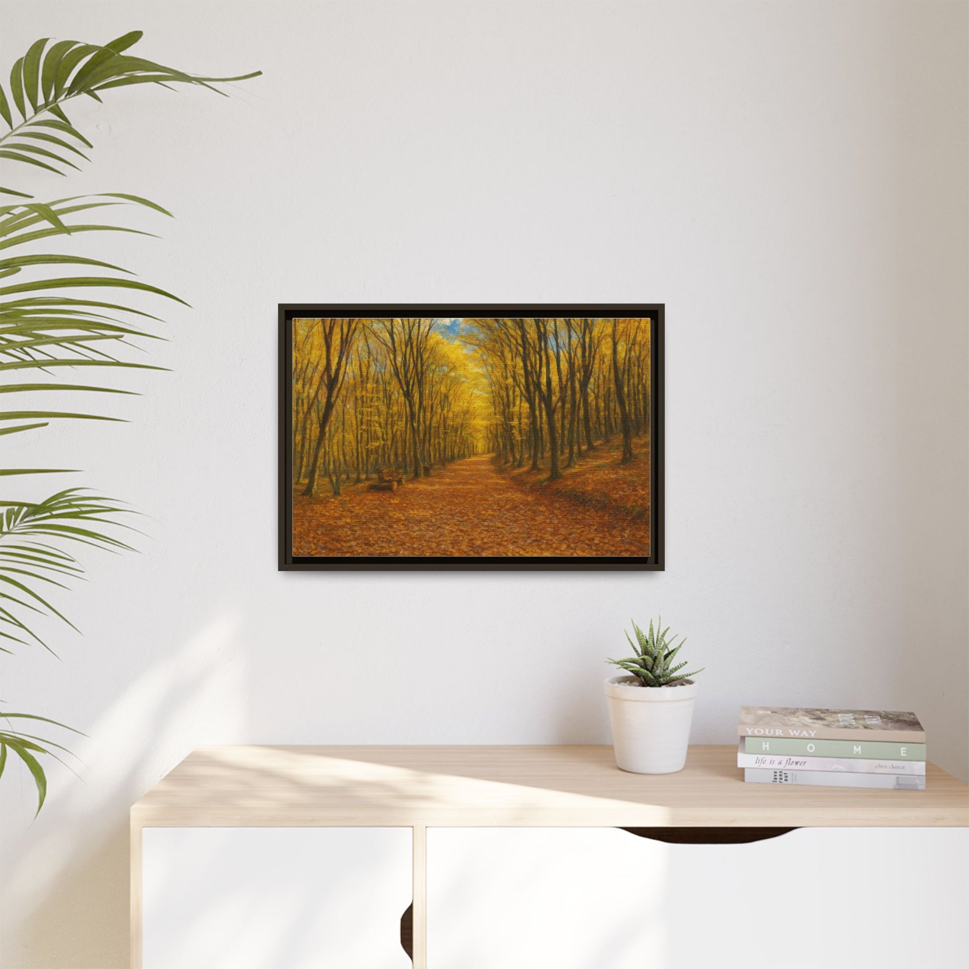 Autumn forest path matte canvas wall art featuring vibrant fall trees and a scenic woodland trail, framed and ready for display.