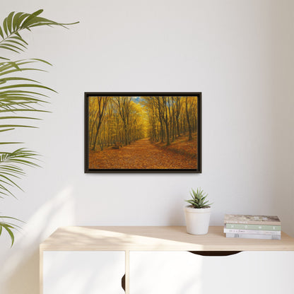 Autumn forest path matte canvas wall art featuring vibrant fall trees and a scenic woodland trail, framed and ready for display.