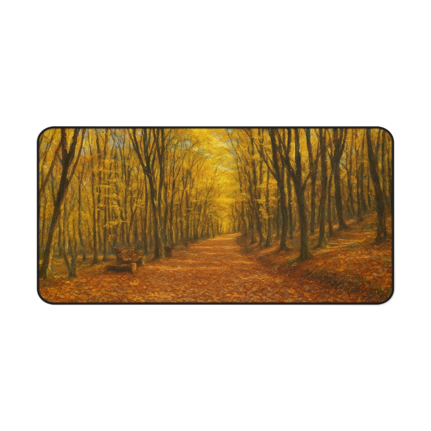 Autumn Forest Path Desk Mat with fall leaves scenic design, featuring a natural woodland scene perfect for a mousepad.