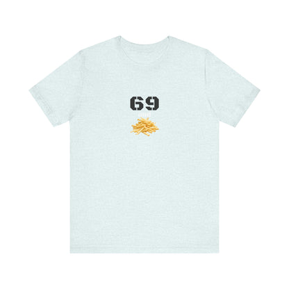 Unisex graphic T-shirt featuring a humorous 69 and French fries design on soft fabric, by Printify.