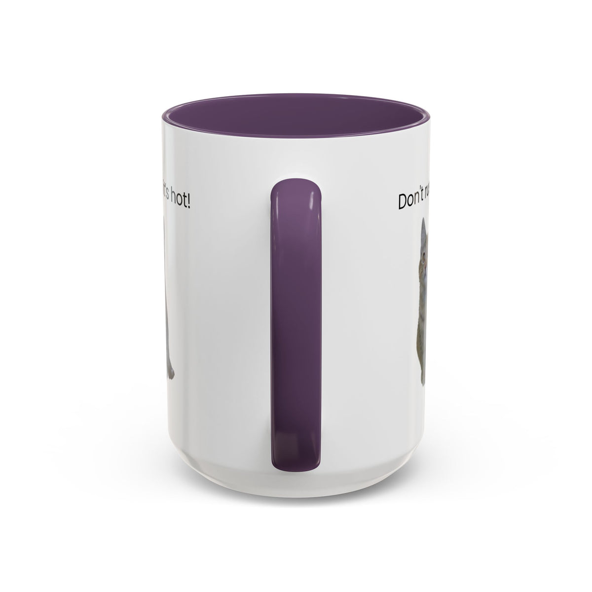 Ceramic cat coffee mug with "Don't rush, it's hot!" slogan, 11 oz, featuring a cute cat illustration on a white background.