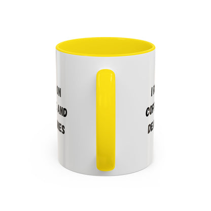 White ceramic coffee mug with black text reading "I Run on Coffee and Deadlines" for office or home use.