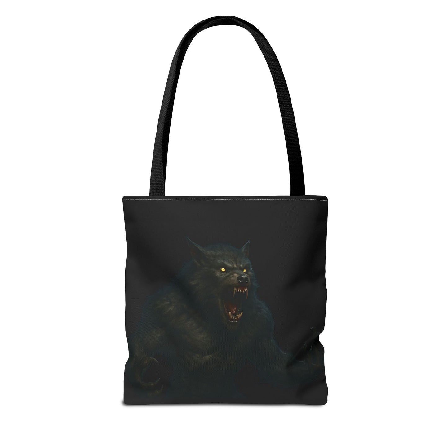 Werewolf tote bag featuring dark Halloween art, ideal gift for horror fans, made by Printify, with a spooky wolf design.