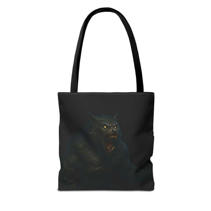 Werewolf tote bag featuring dark Halloween art, ideal gift for horror fans, made by Printify, with a spooky wolf design.