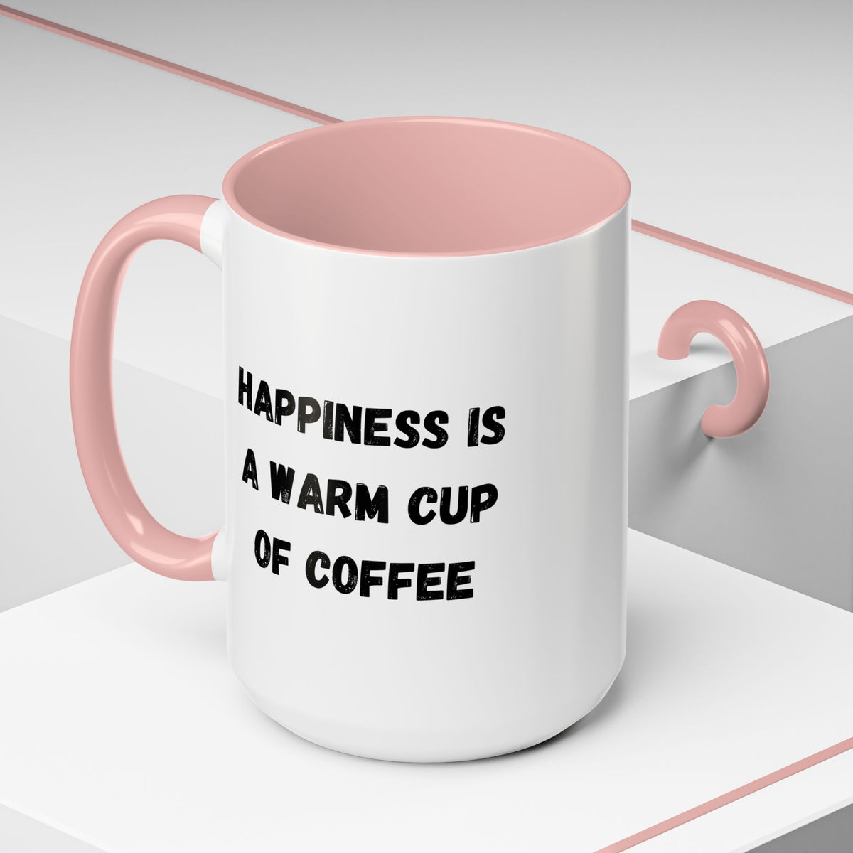 White ceramic coffee mug with "Happiness Is A Warm Cup Of Coffee" printed in black text, perfect for hot beverage enjoyment.