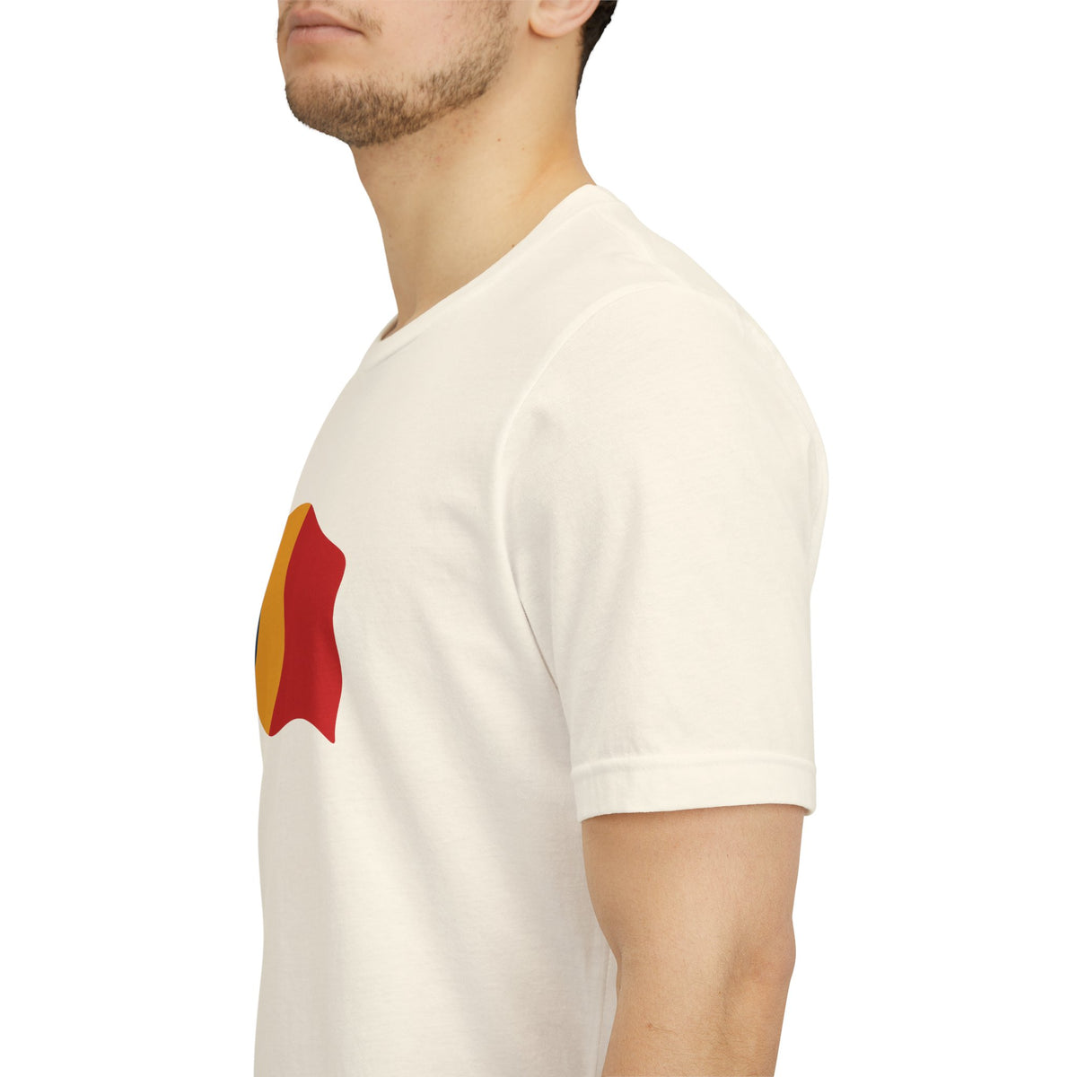 Romania flag T-shirt by Printify featuring a minimal waving tricolor design on a casual tee.