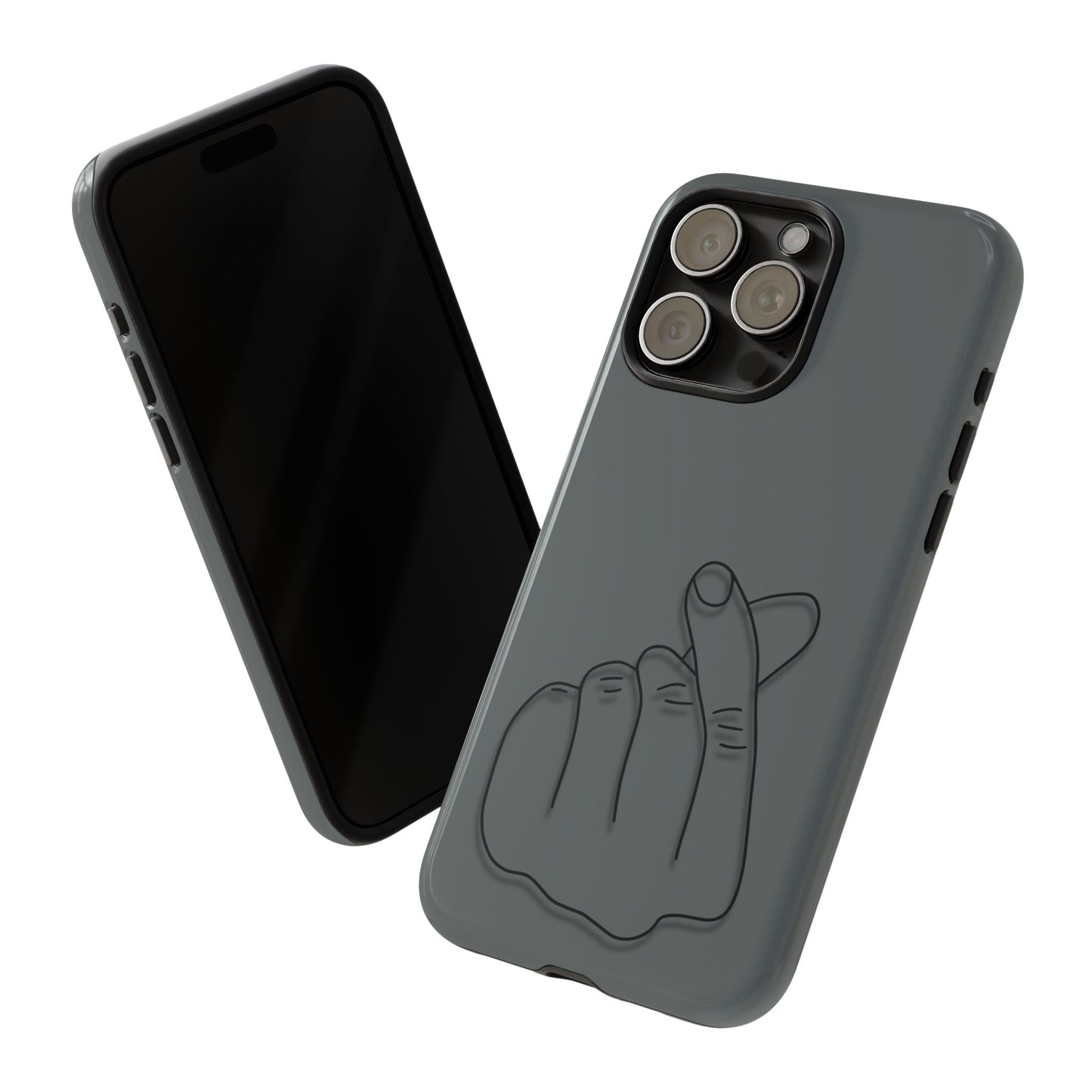 Silicone phone case with embossed Korean finger heart design, compatible with smartphones, by Printify.