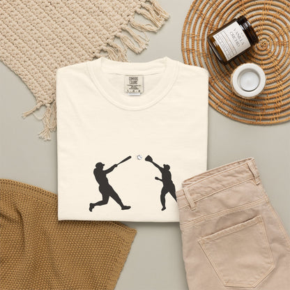 Black baseball silhouette graphic T-shirt for men featuring minimal baseball player design, casual and comfortable Printify tee.