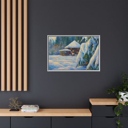 Framed matte canvas wall art of a snowy cabin winter landscape, featuring a cozy cabin surrounded by snow-covered trees.
