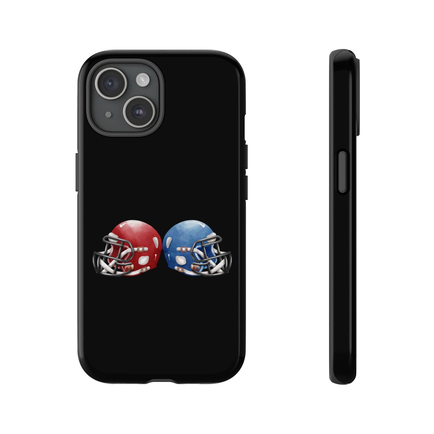 Red and blue football helmet tough phone case for iPhone, protective Printify cover with sporty design on a black background.