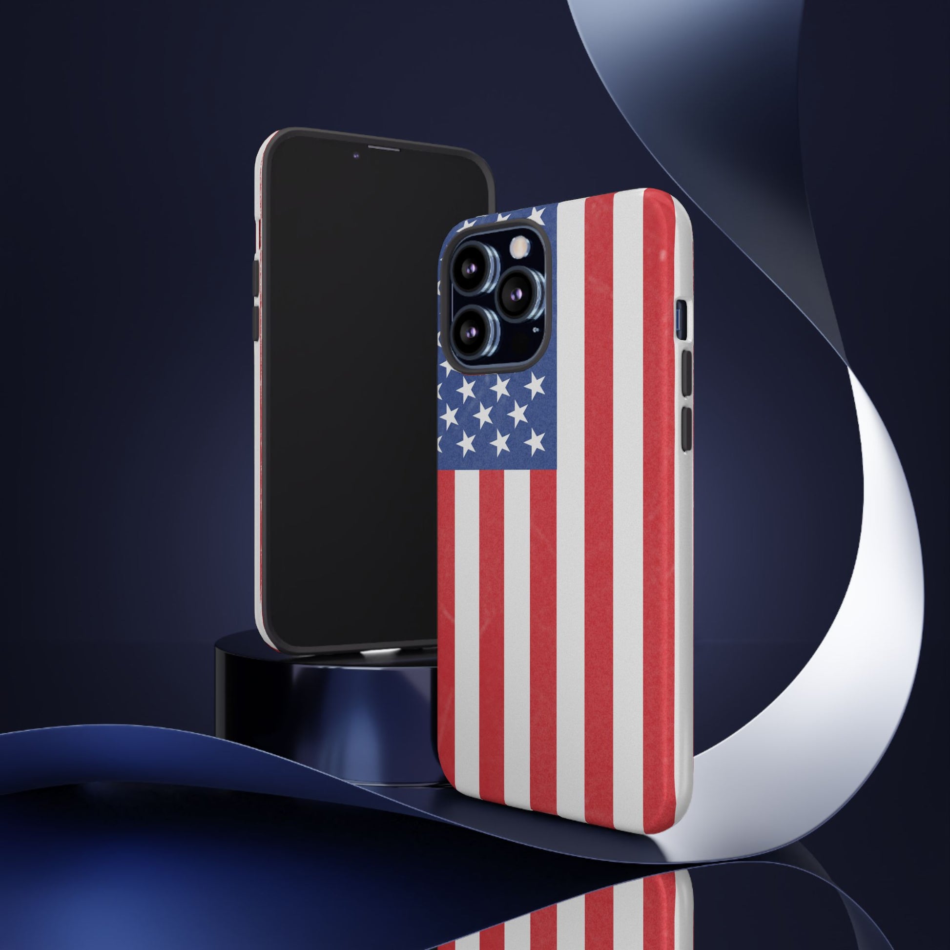 American flag tough phone case for iPhone and Samsung, patriotic protective cover with durable design by Printify.