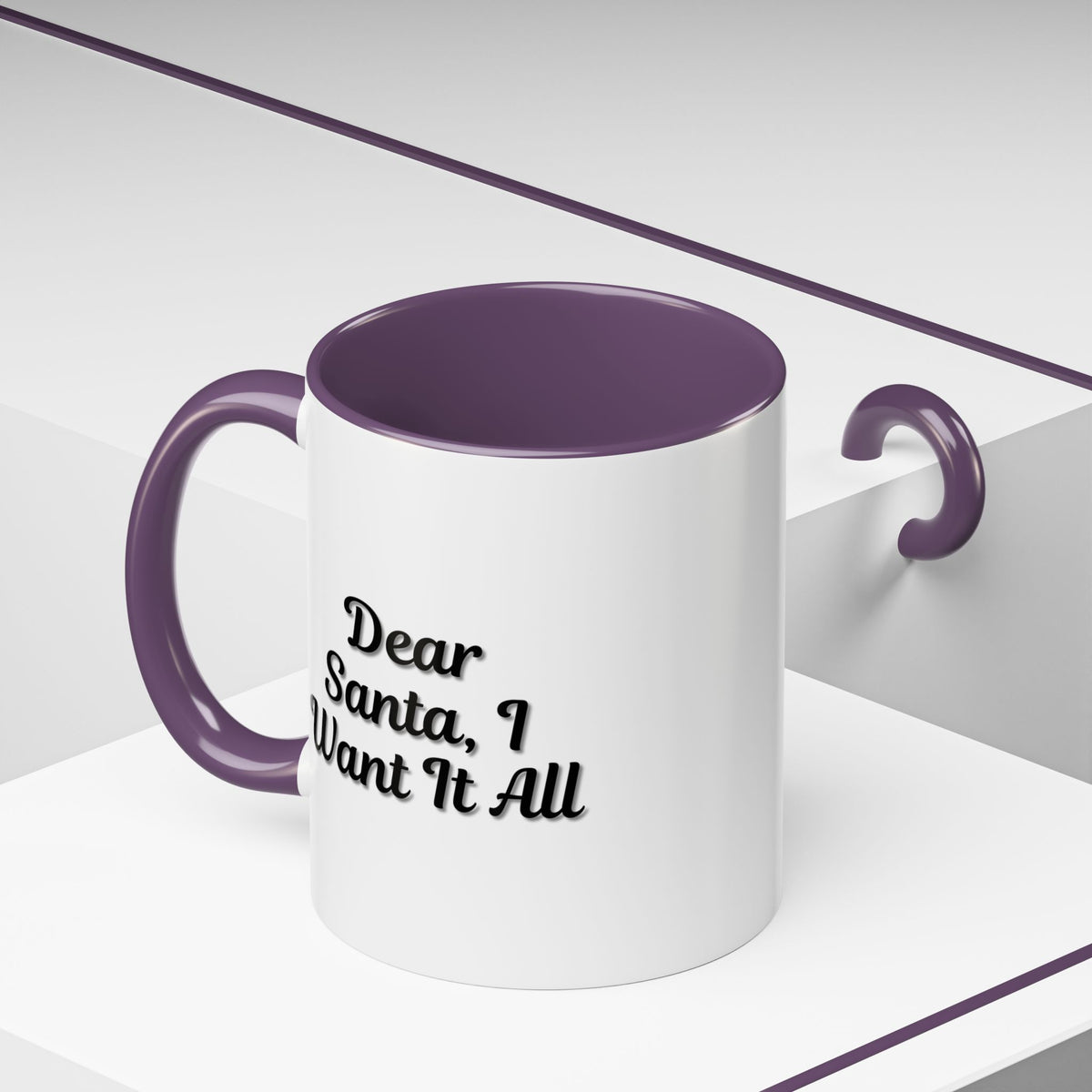Dear Santa I Want It All holiday coffee mug by Printify featuring festive Christmas design and holiday message.