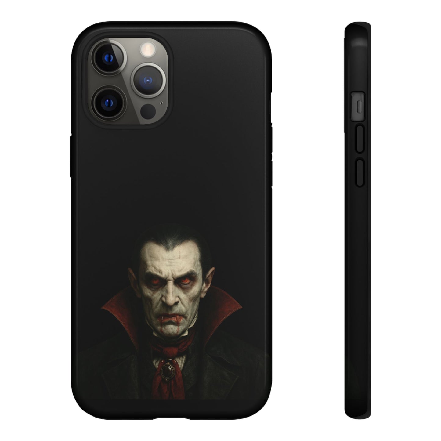 Gothic vampire portrait phone case for iPhone featuring a Dracula horror design by Printify, detailed dark artwork.