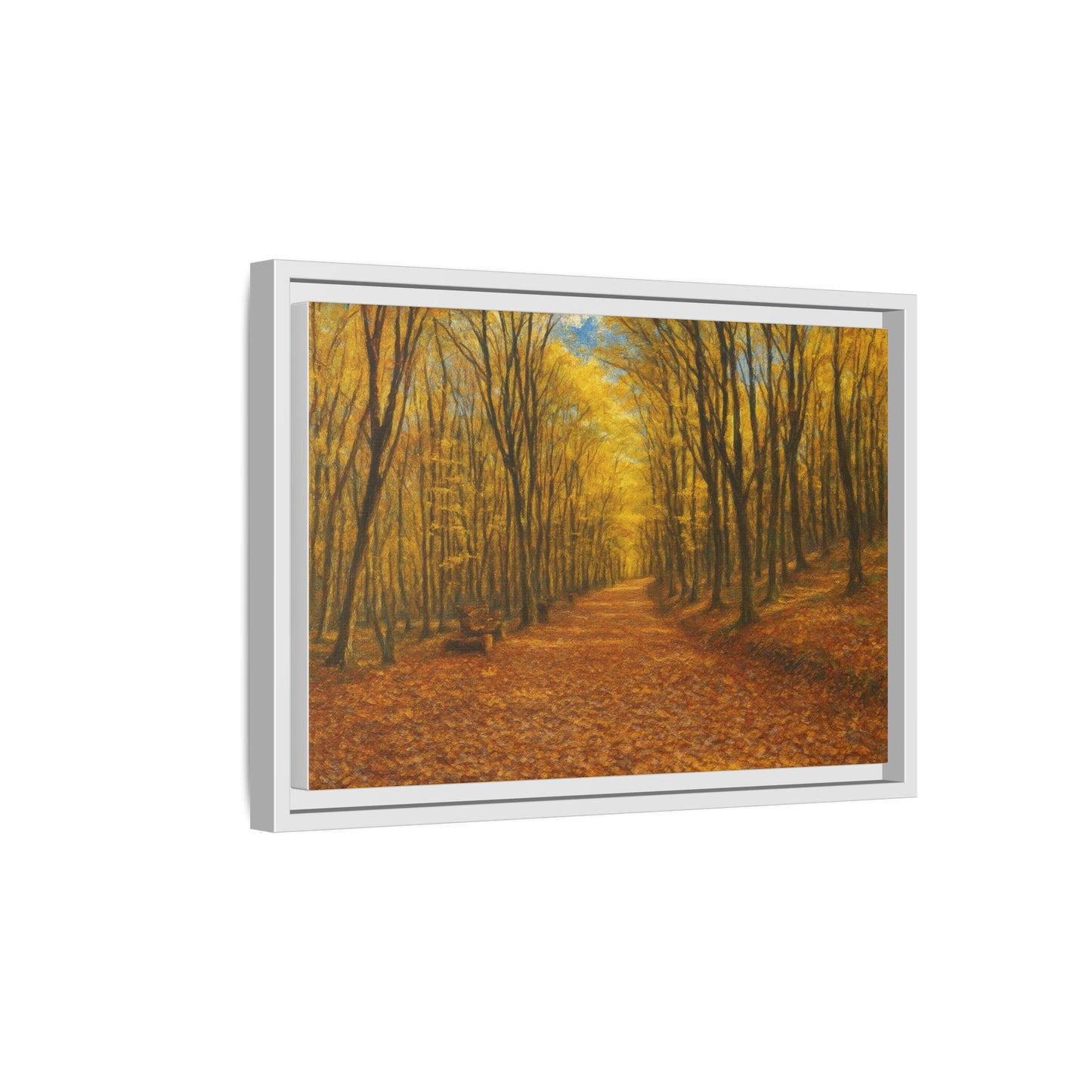 Autumn forest path matte canvas wall art by Printify featuring a scenic forest trail with fall foliage in a framed canvas print.