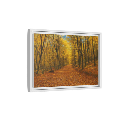 Autumn forest path matte canvas wall art by Printify featuring a scenic forest trail with fall foliage in a framed canvas print.