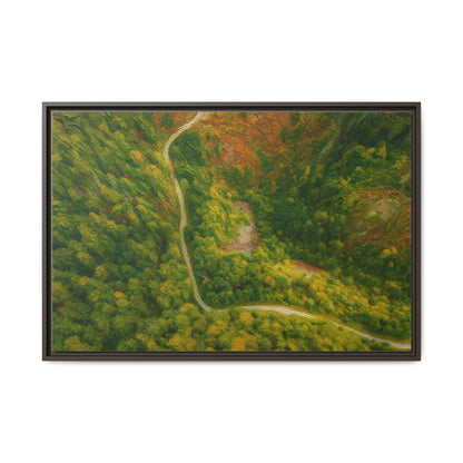 Colorful framed matte canvas wall art featuring an aerial forest path landscape by Printify.