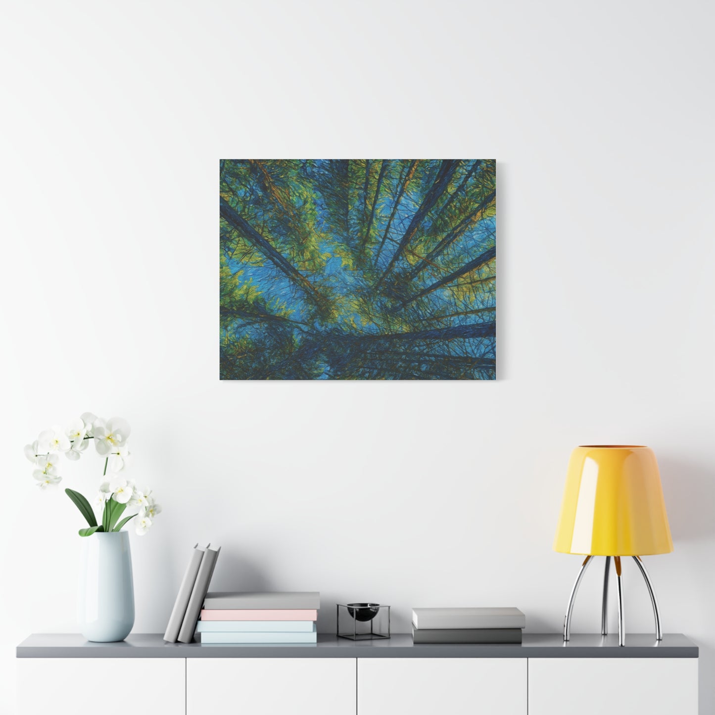 Forest Canopy Matte Canvas Wall Art — Upward View of Trees, Blue & Green Nature Print