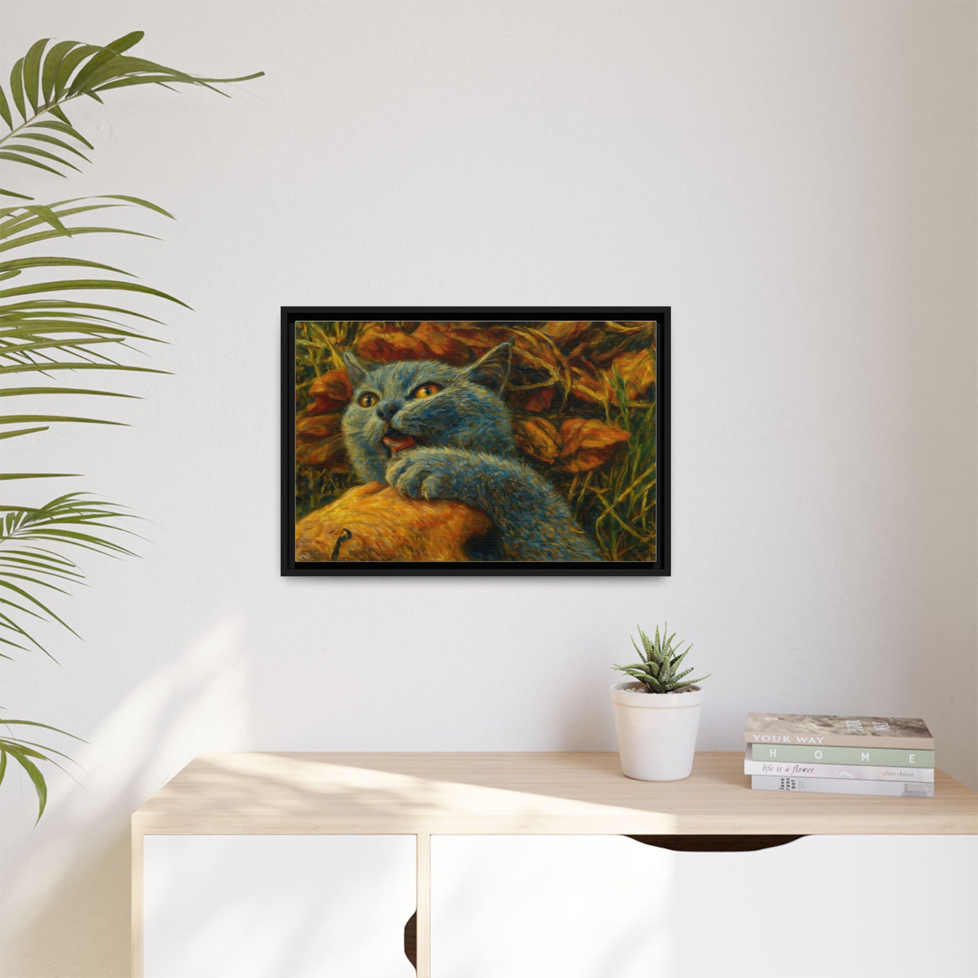 Blue cat canvas print featuring whimsical wall art, perfect as a gift for cat lovers, printed by Printify.