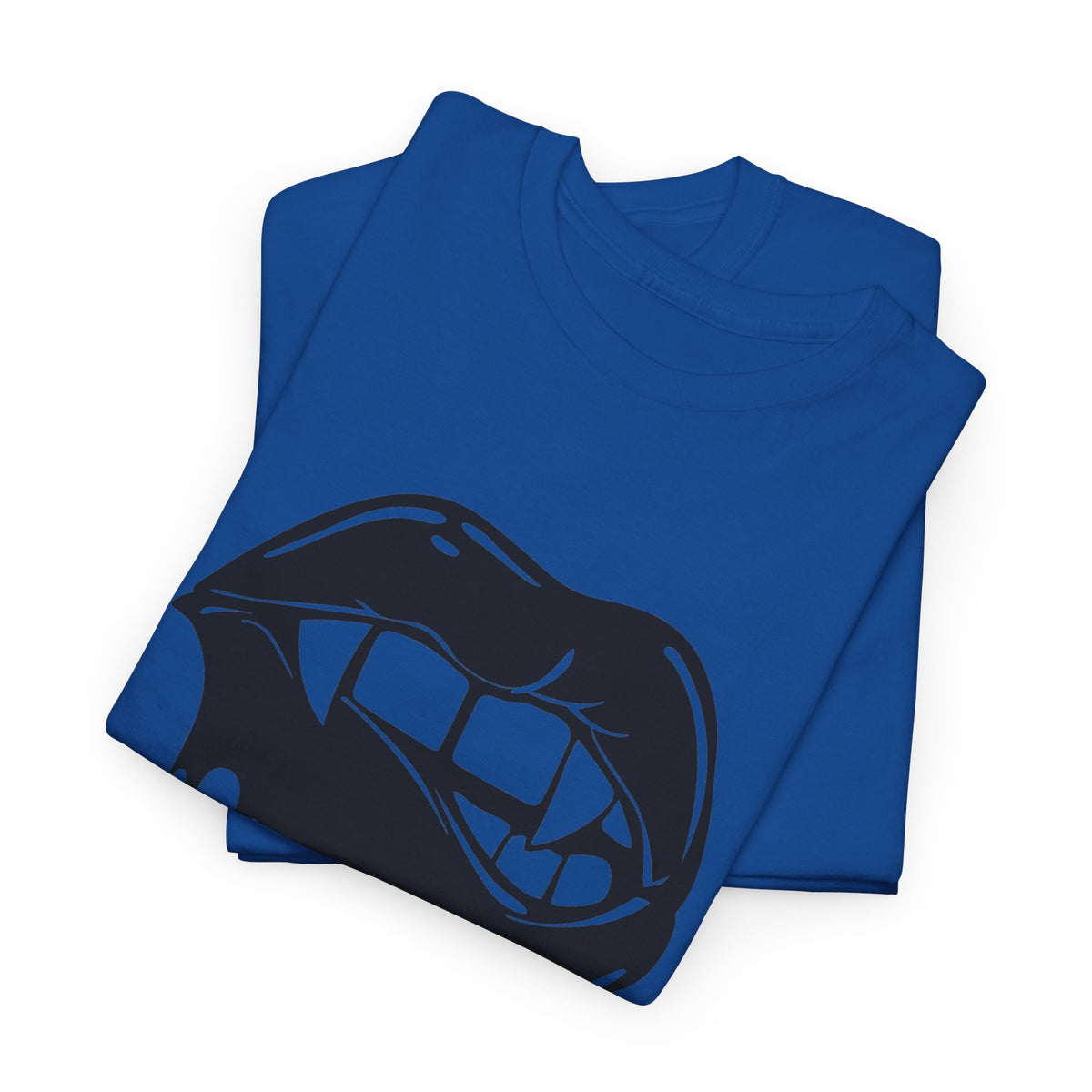 Graphic T-shirt by Printify featuring dripping lips and "hmm..." bite design on a casual black tee.