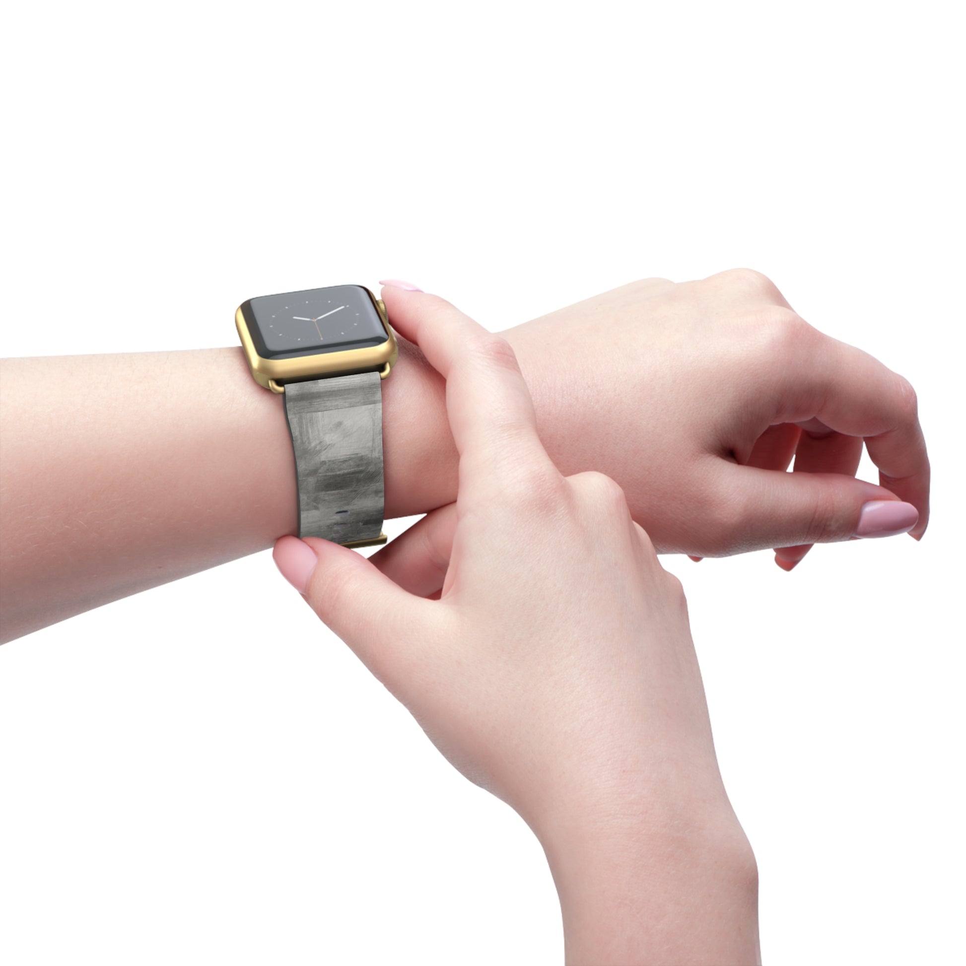 Gray watercolor camouflage Apple Watch band with neutral abstract design, waterproof fabric accessory for Apple Watch.