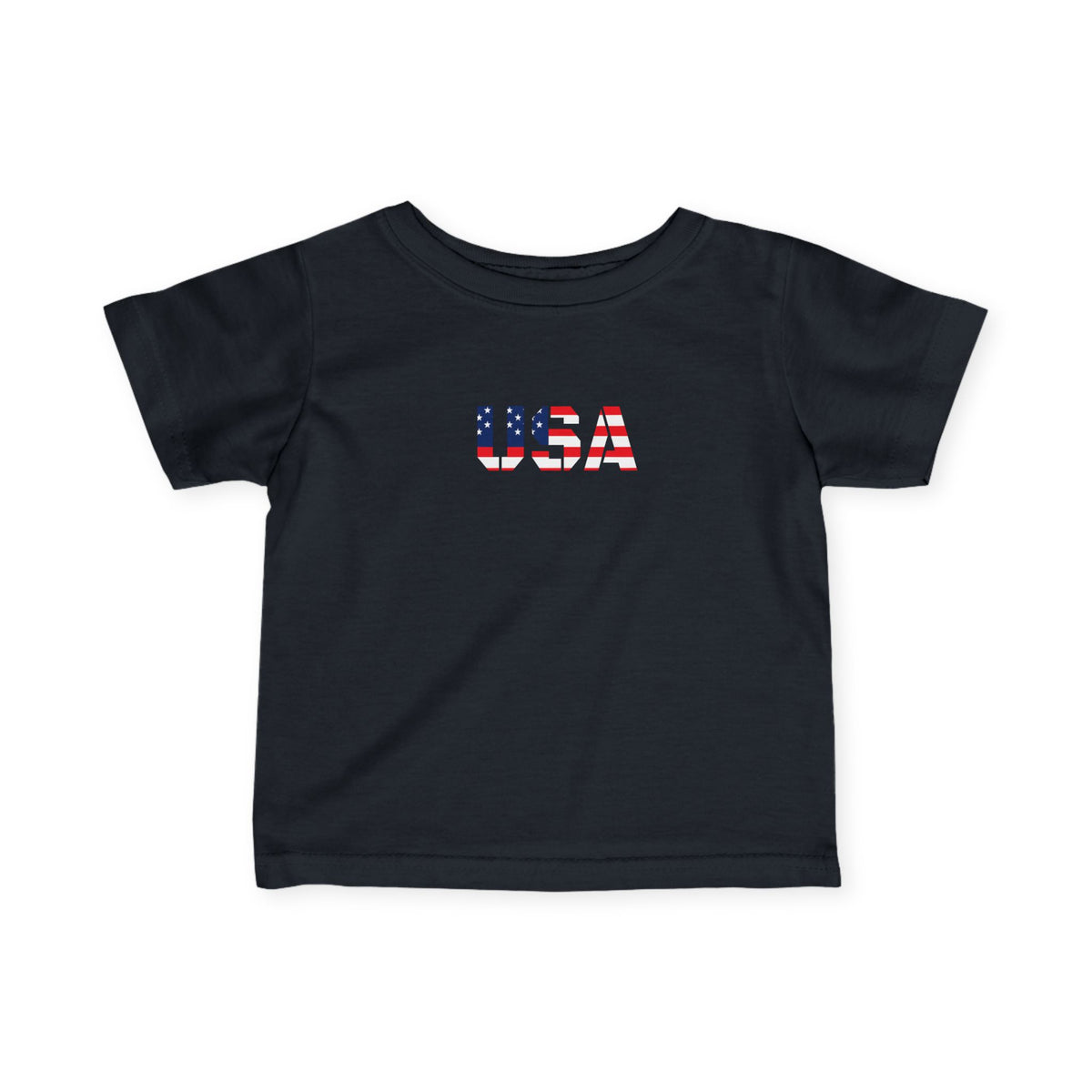 Infant toddler baby tee featuring USA flag block print, soft cotton kids clothes by Printify, front view showing patriotic design.
