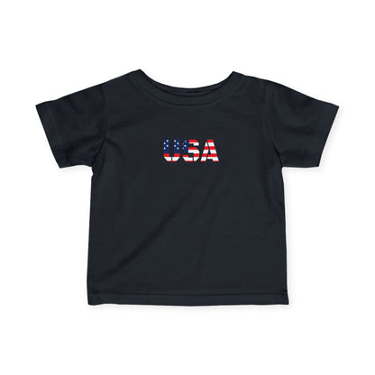 Infant toddler baby tee featuring USA flag block print, soft cotton kids clothes by Printify, front view showing patriotic design.
