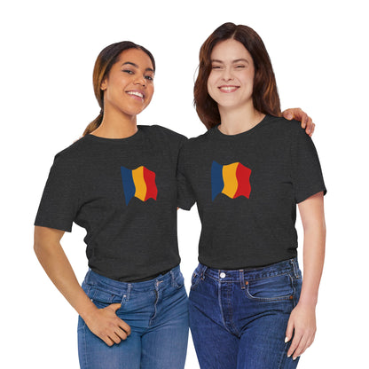 Romania flag T-shirt by Printify featuring a minimal waving tricolor design on a casual cotton tee.