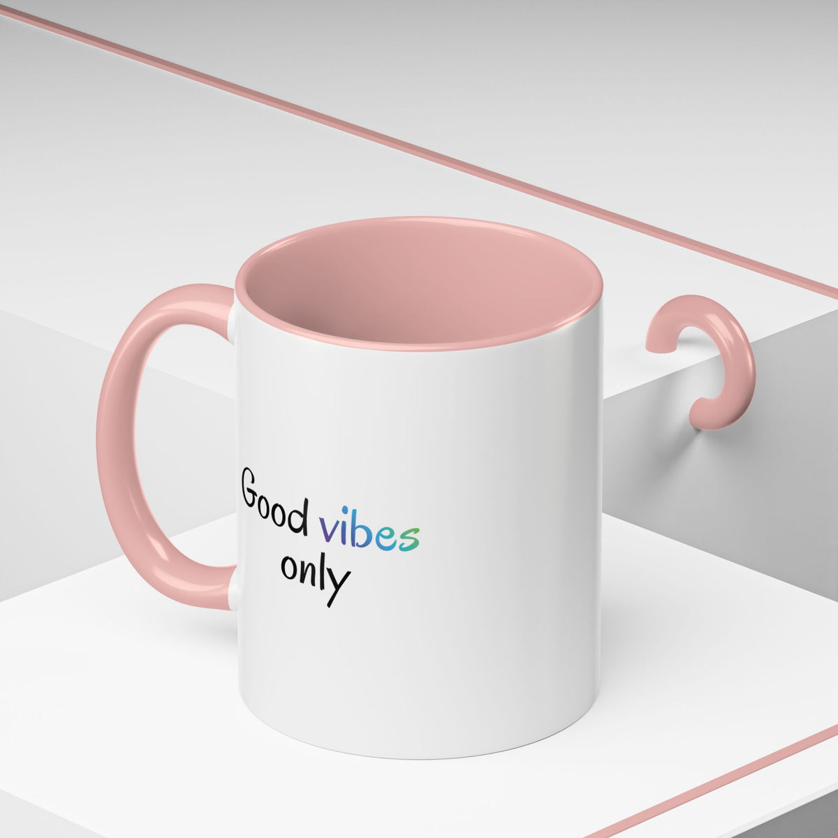 Printify Good Vibes Only coffee mug with positive morning quote, ceramic tea cup with colorful design and handle.