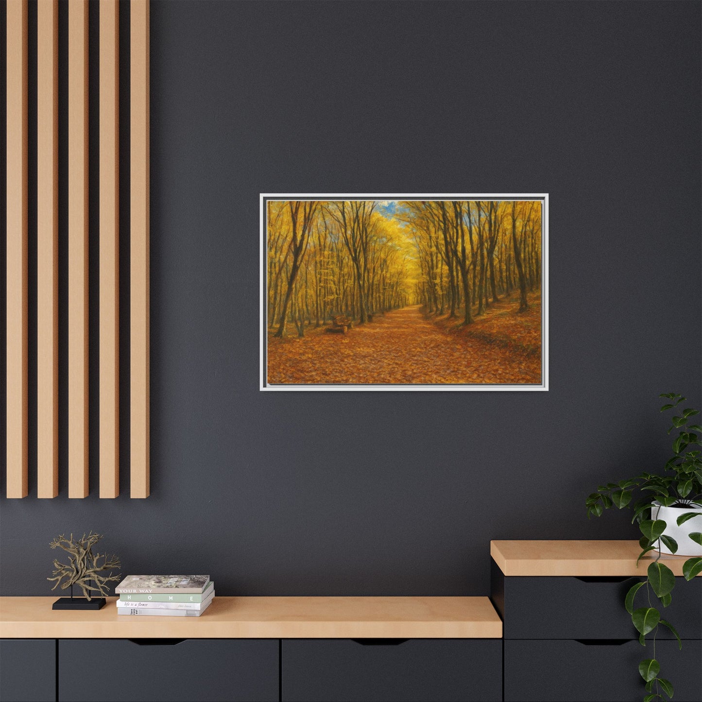 Autumn forest path matte canvas wall art with framed print, featuring vibrant fall foliage and a peaceful woodland scene.