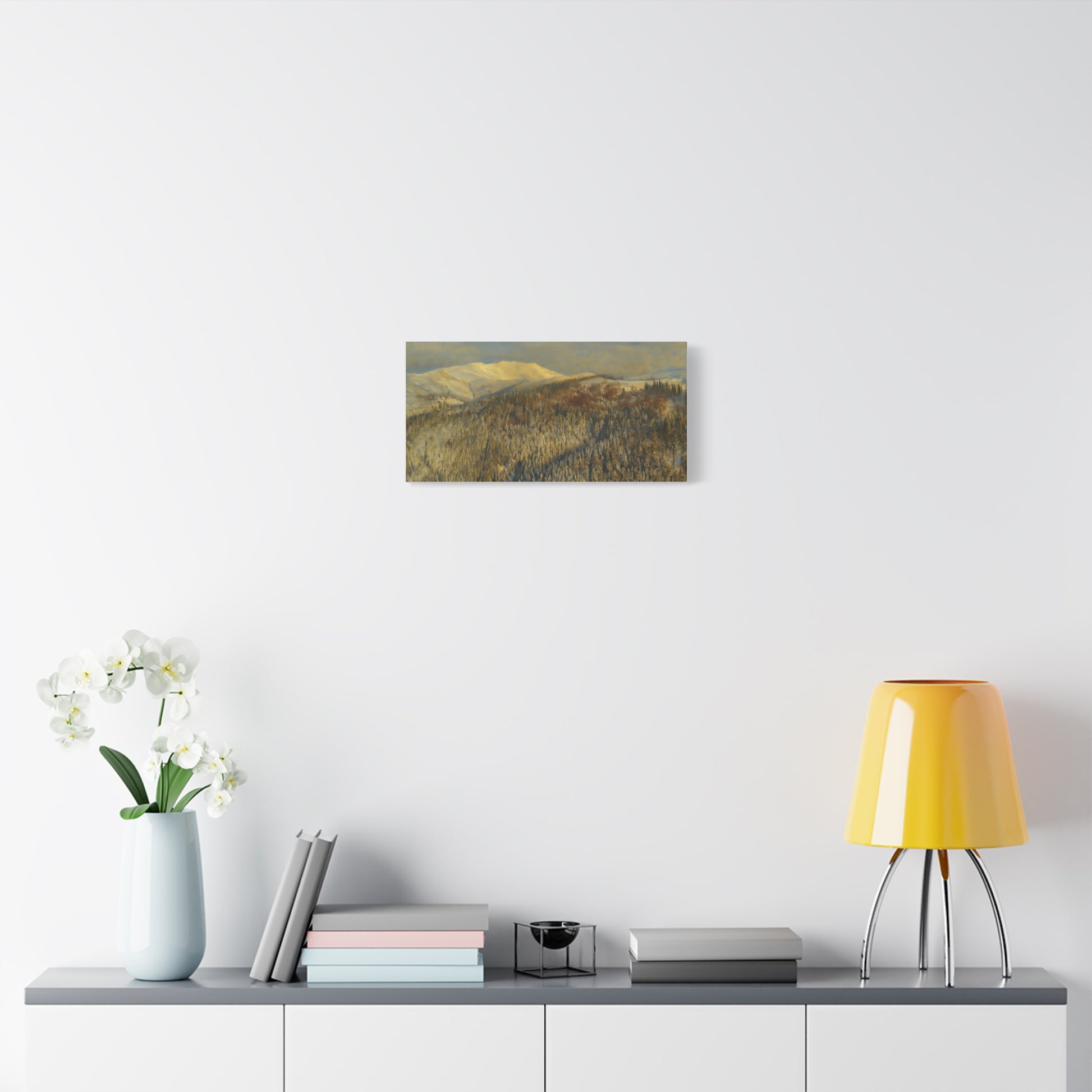 Winter mountain landscape matte canvas print by Printify, featuring a scenic mountain scene on a 1.25-inch stretched canvas.