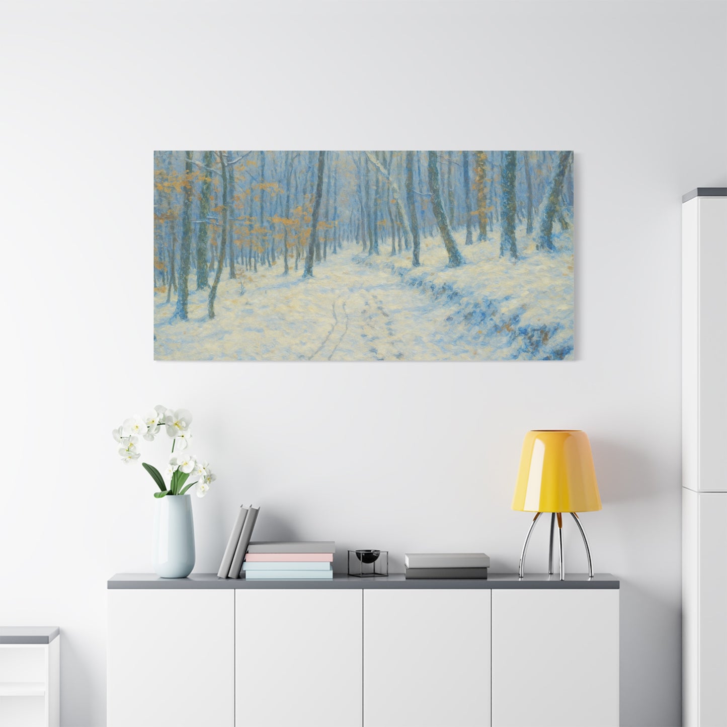 Winter woodland canvas print by Printify featuring snowy forest scene, matte finish, stretched wall art for nature-inspired decor