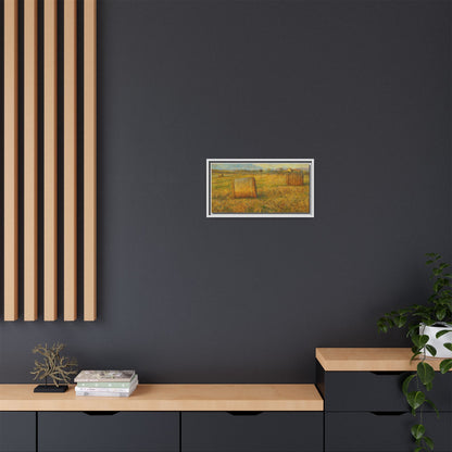 Rustic hayfield landscape printed on framed matte canvas wall art by Printify, showcasing a serene rural scene.