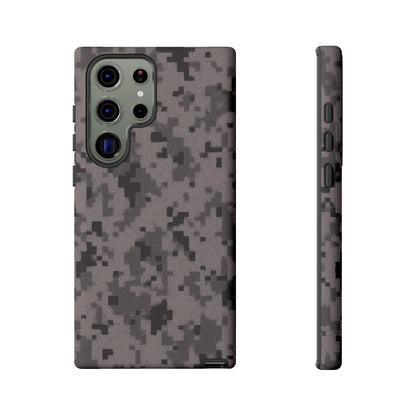 Gray digital camouflage phone case by Printify, tough protective cover designed for smartphones with a rugged camo pattern.